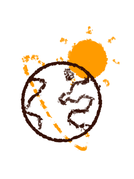 A drawing of the world with a large sun behind it