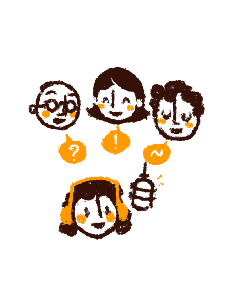 A drawing of a female voiceover actor being live directed by three clients