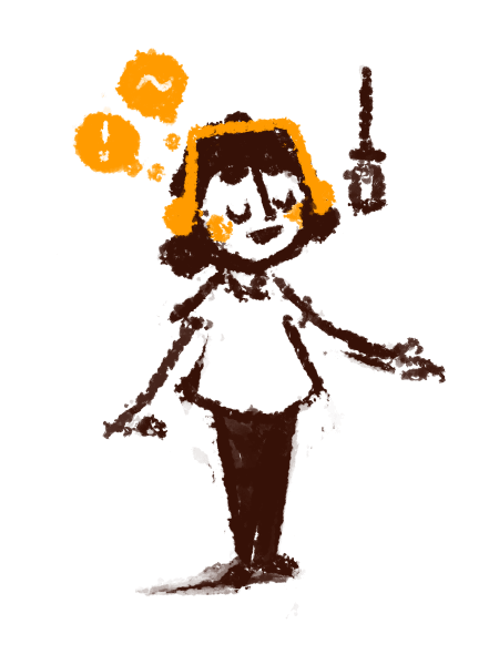 A drawing of a woman confidently speaking into a mircrophone with her own thought bubbles