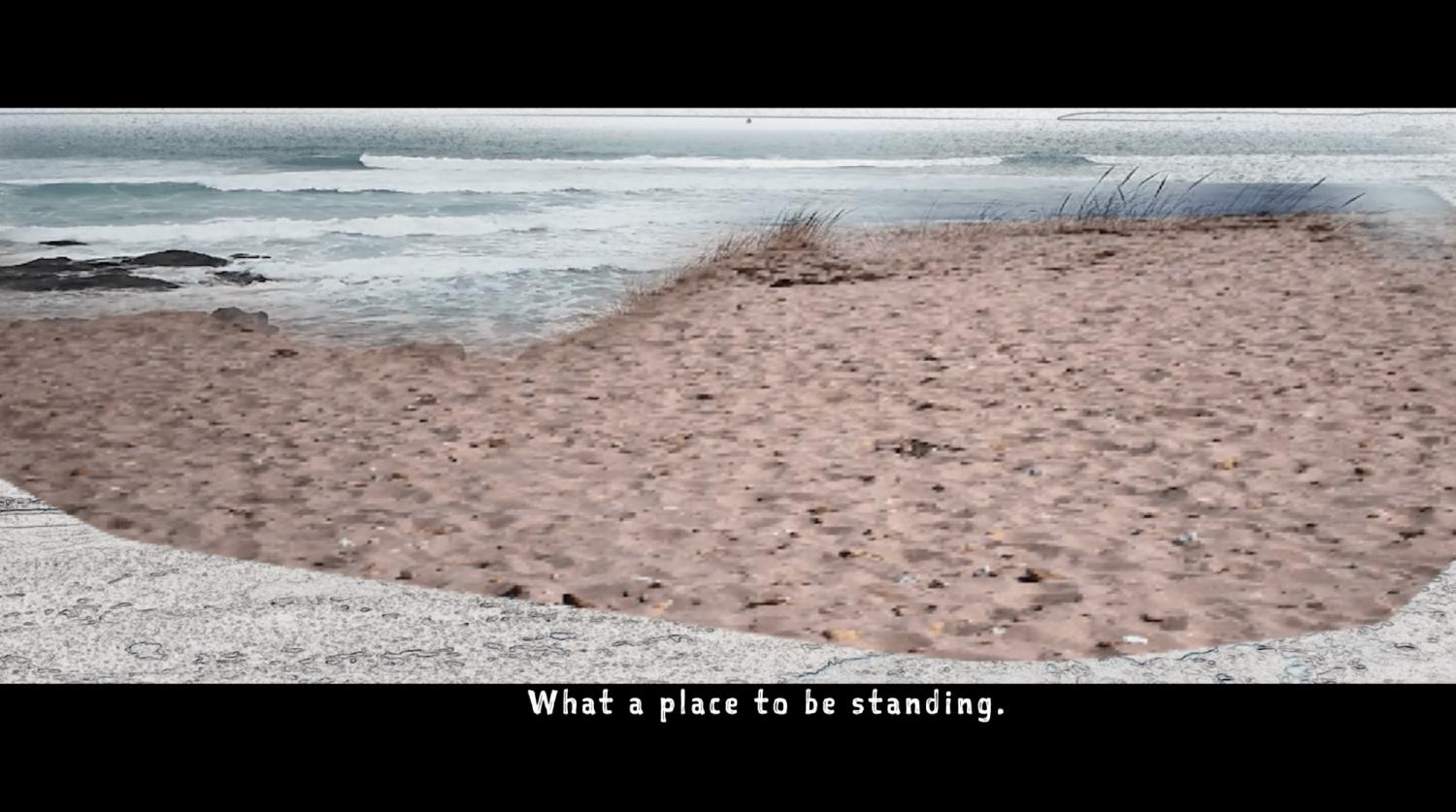 A collage of a beach scene, 'What a place to be standing'